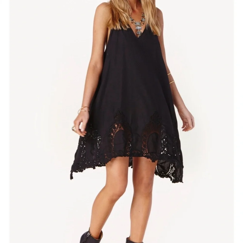 Free People Intimately Easy Livin Slip Dress Black Crochet Hem Small Boho - Picture 1 of 8
